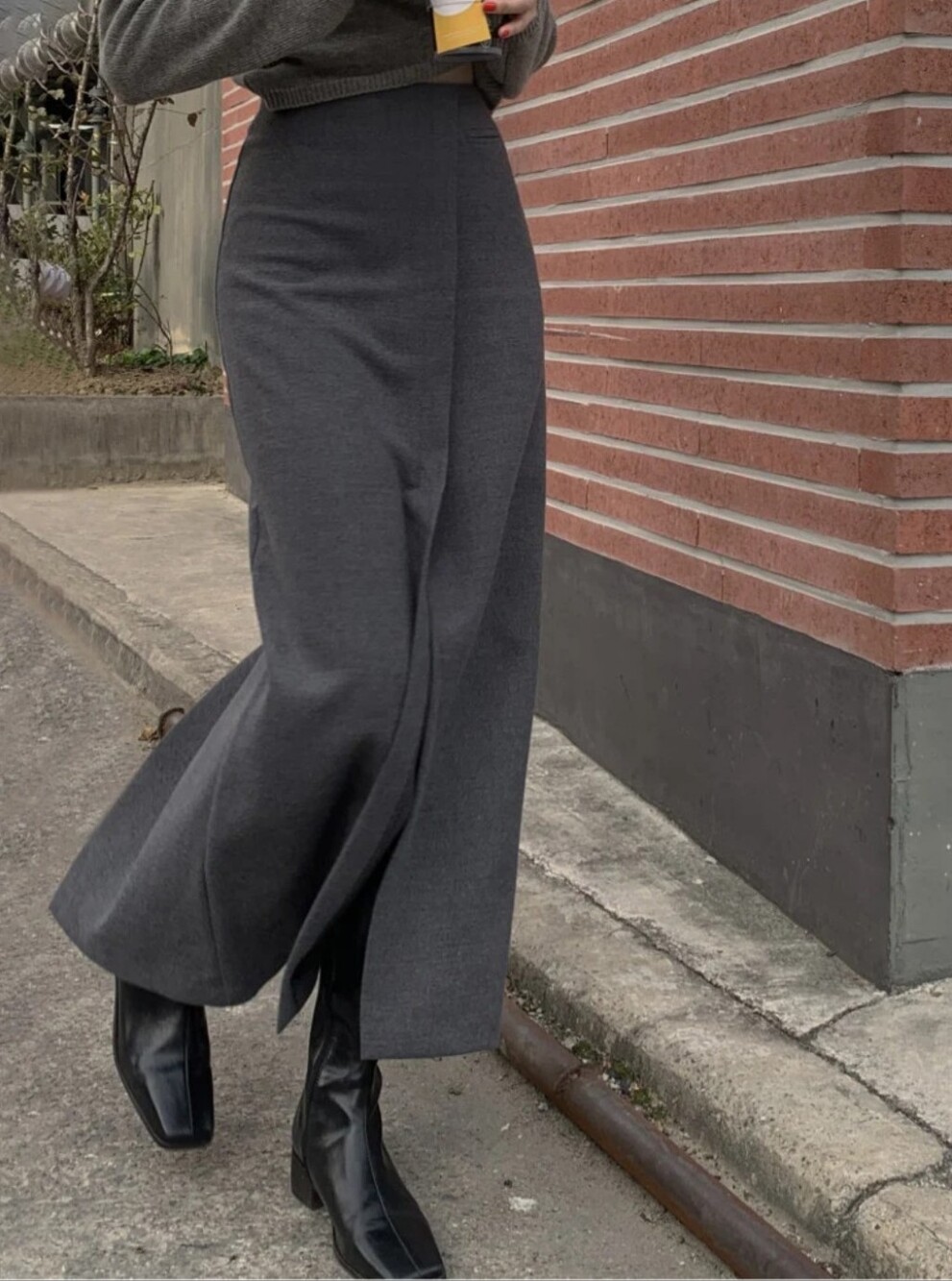 Commense Dark Gray Slit Maxi Skirt - Elegant High-Waist Pencil Flare Size L